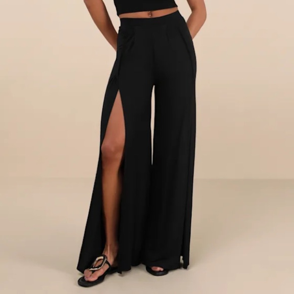 Black Knit Wide-Leg Slit-Front Pants Size L